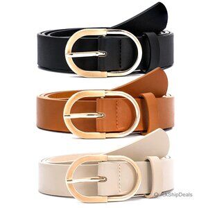 Women's Faux Leather Dress Belt with Gold Buckle, 3-Pack for Jeans